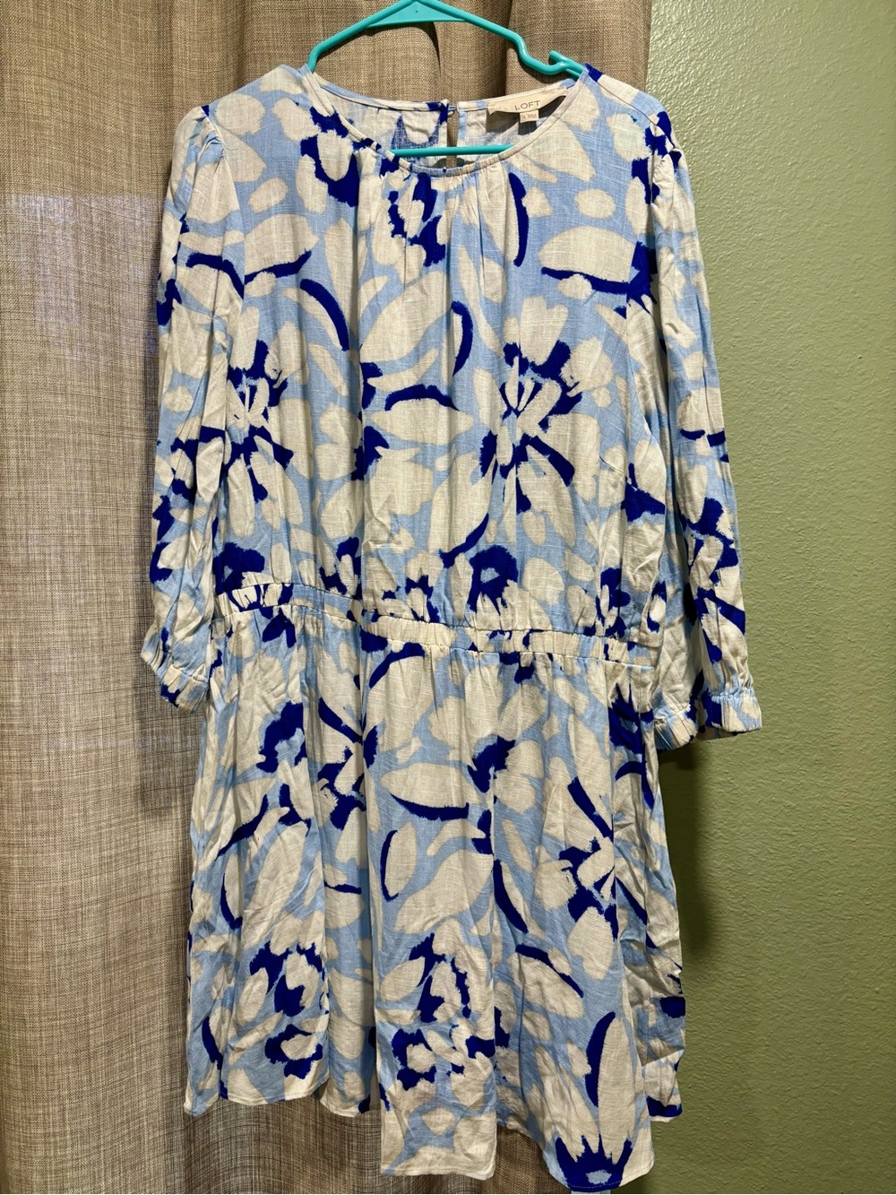 LOFT Light Blue and Royal Blue Floral Long Sleeve Dress
